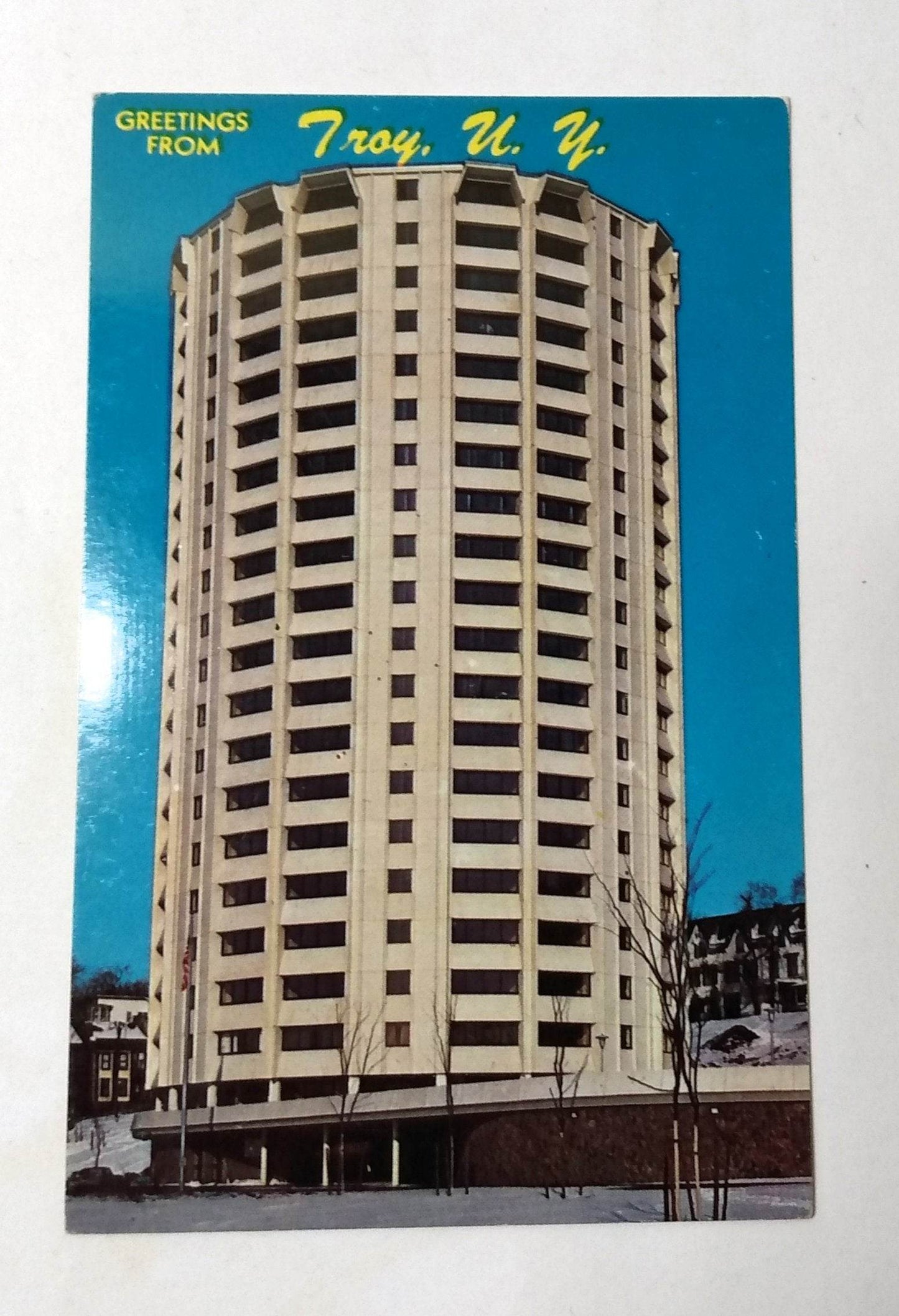 Greetings From Troy New York John F Kennedy Towers Postcard 1960's - TulipStuff