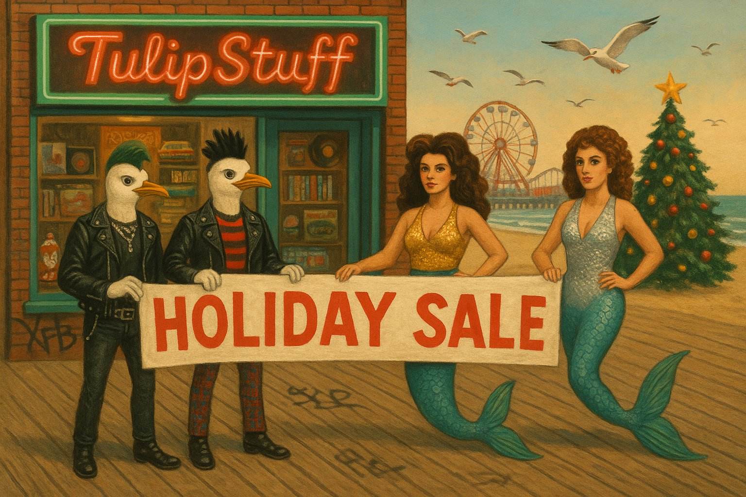 Illustration of mermaids and punk seagulls holding a 'Holiday Sale' sign in front of a store named 'Tulip Stuff'.