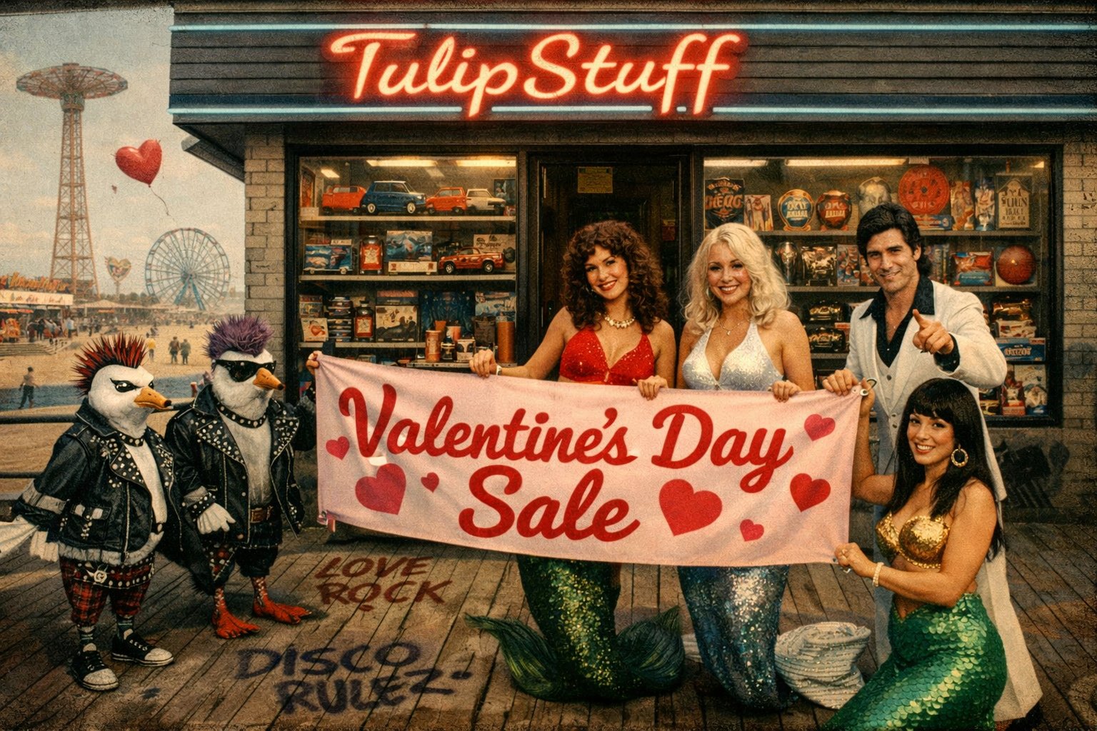 Group of people holding a Valentine's Day sale sign in front of a store named 'Tulip Stuff'.