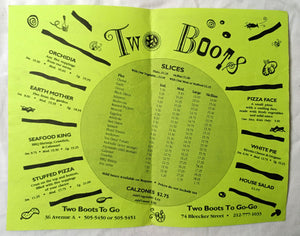 Two Boots  To Go-Go Pizza Bleecker Ave A Take Out Menu Early 2000's - TulipStuff