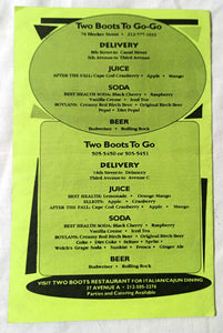 Two Boots  To Go-Go Pizza Bleecker Ave A Take Out Menu Early 2000's - TulipStuff