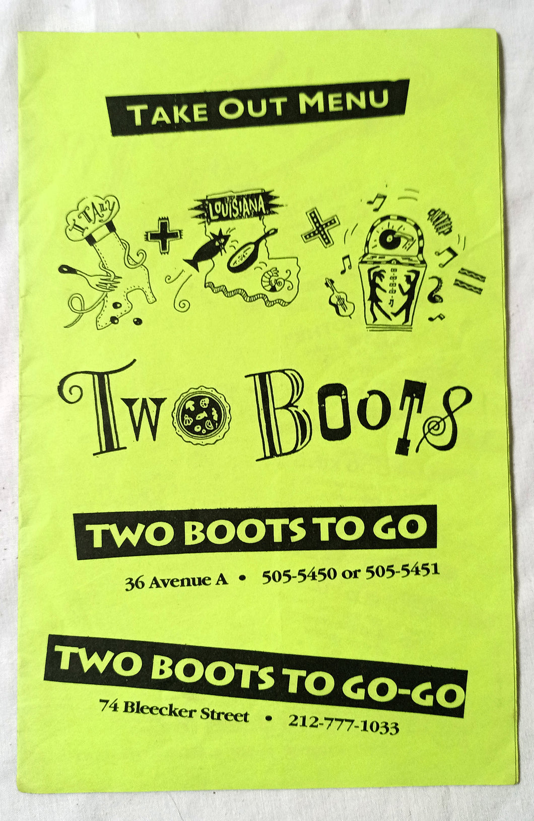 Two Boots  To Go-Go Pizza Bleecker Ave A Take Out Menu Early 2000's - TulipStuff