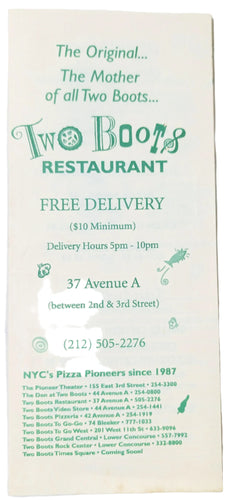 Two Boots Pizza Restaurant Original Location Takeout Menu Early 2000's - TulipStuff