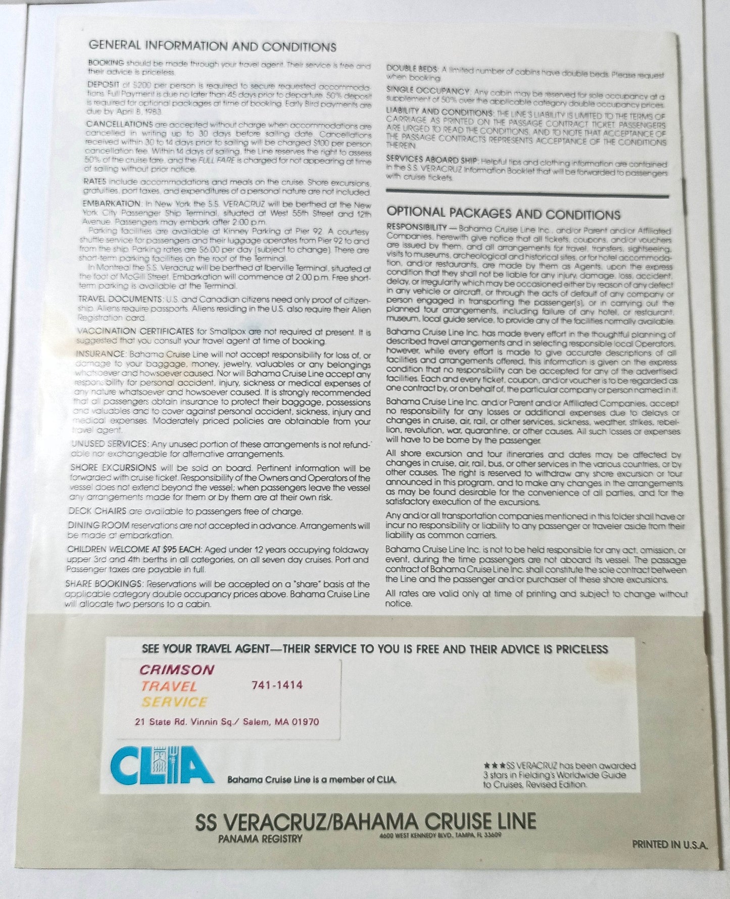 Bahama Cruise Line Veracruz Summer 1984 St Lawrence Canada Brochure - TulipStuff