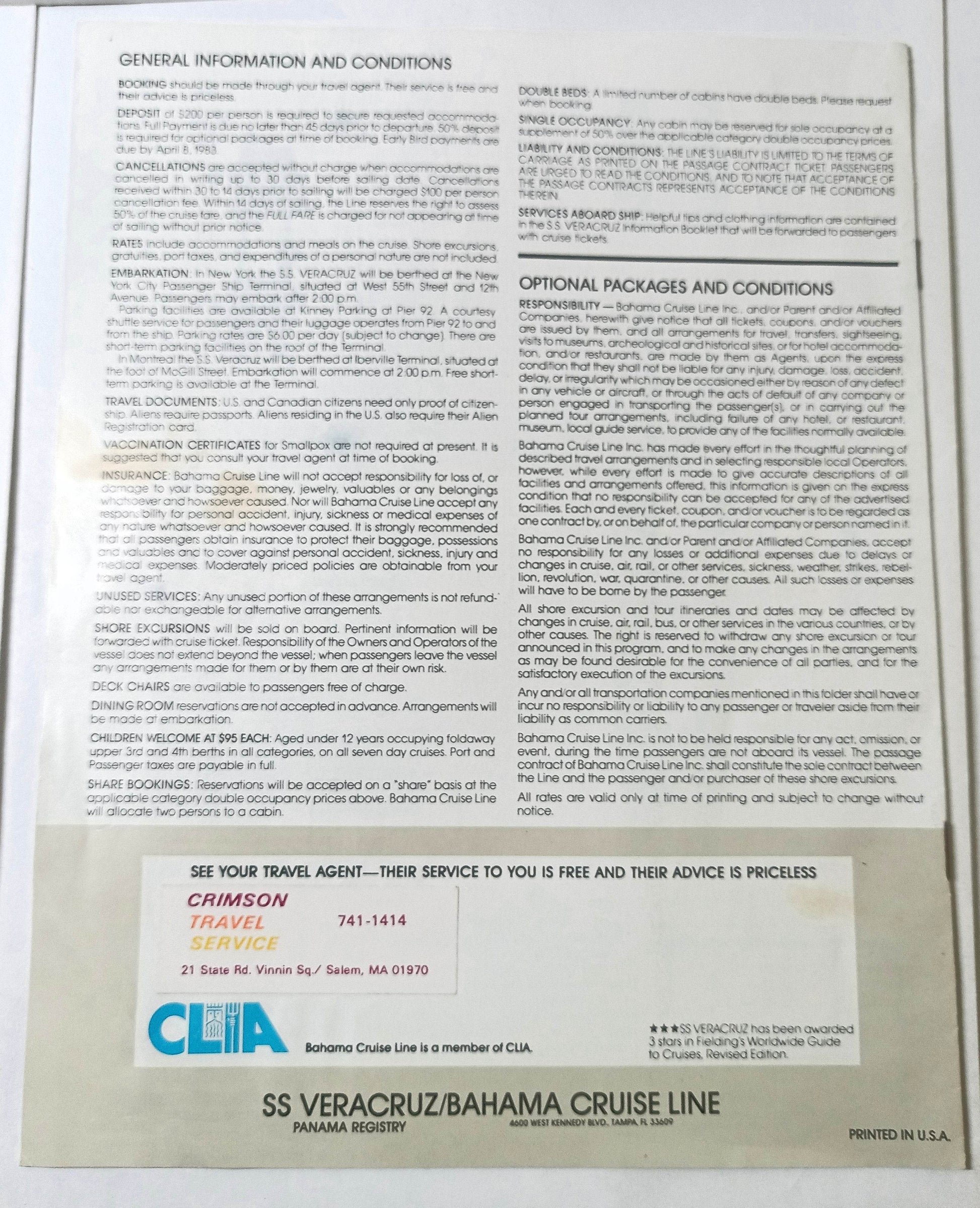 Bahama Cruise Line Veracruz Summer 1984 St Lawrence Canada Brochure - TulipStuff