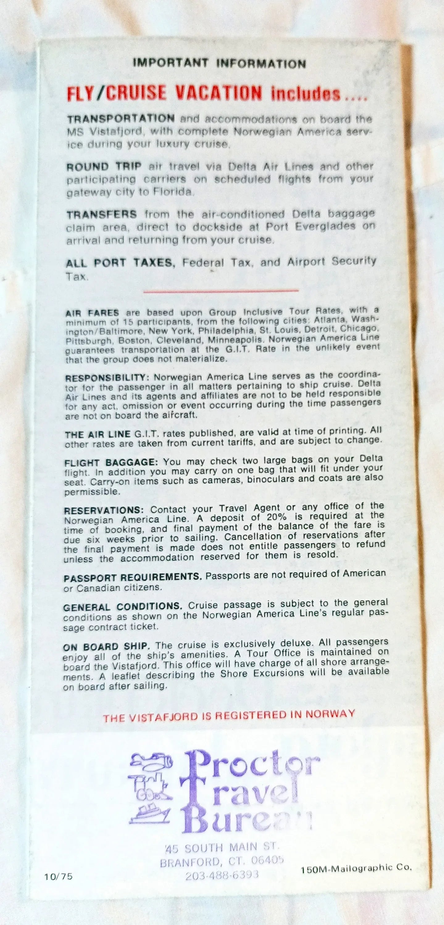 Norwegian America Line Vistafjord 1976 Caribbean Fly Cruise Brochure - TulipStuff
