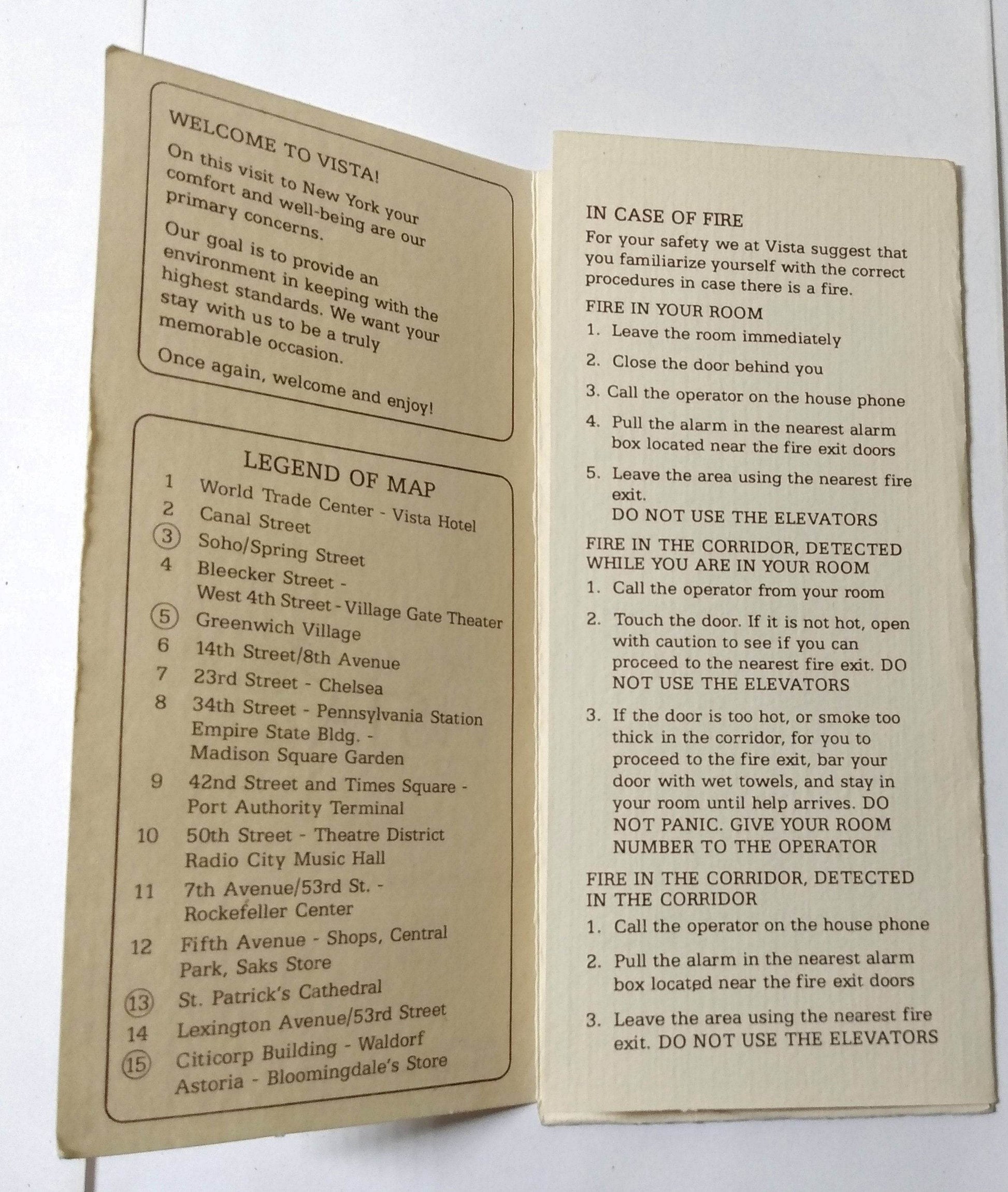 Vista Int'l Hotel World Trade Center NYC Room Welcome Folder 1980's - TulipStuff