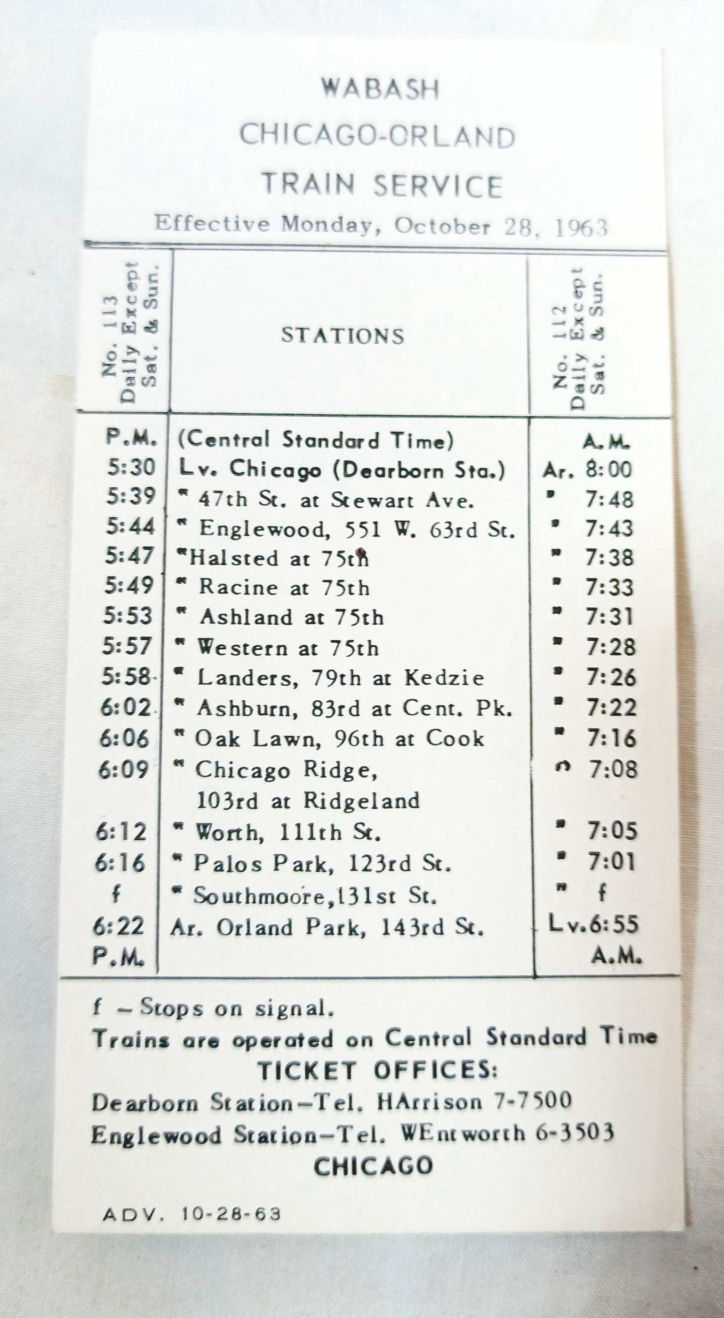 Wabash Railroad Chicago Orland Park Train Service Pocket Schedule 1963 - TulipStuff