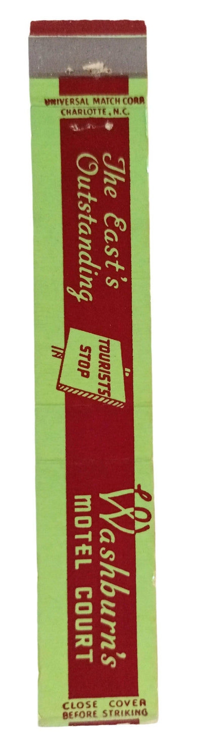 Washburn's Motel Court US 301 Rocky Mount NC Matchbook Cover 1950's - TulipStuff