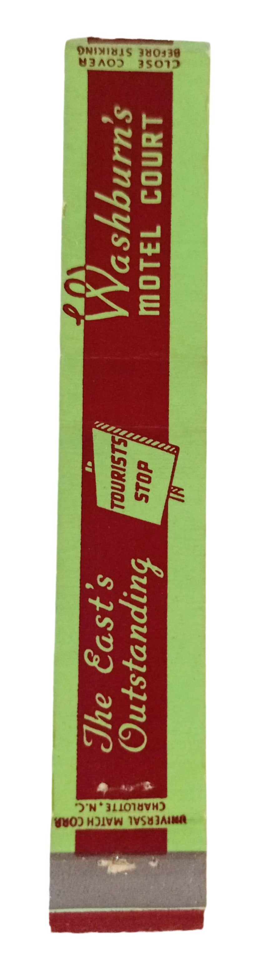 Washburn's Motel Court US 301 Rocky Mount NC Matchbook Cover 1950's - TulipStuff