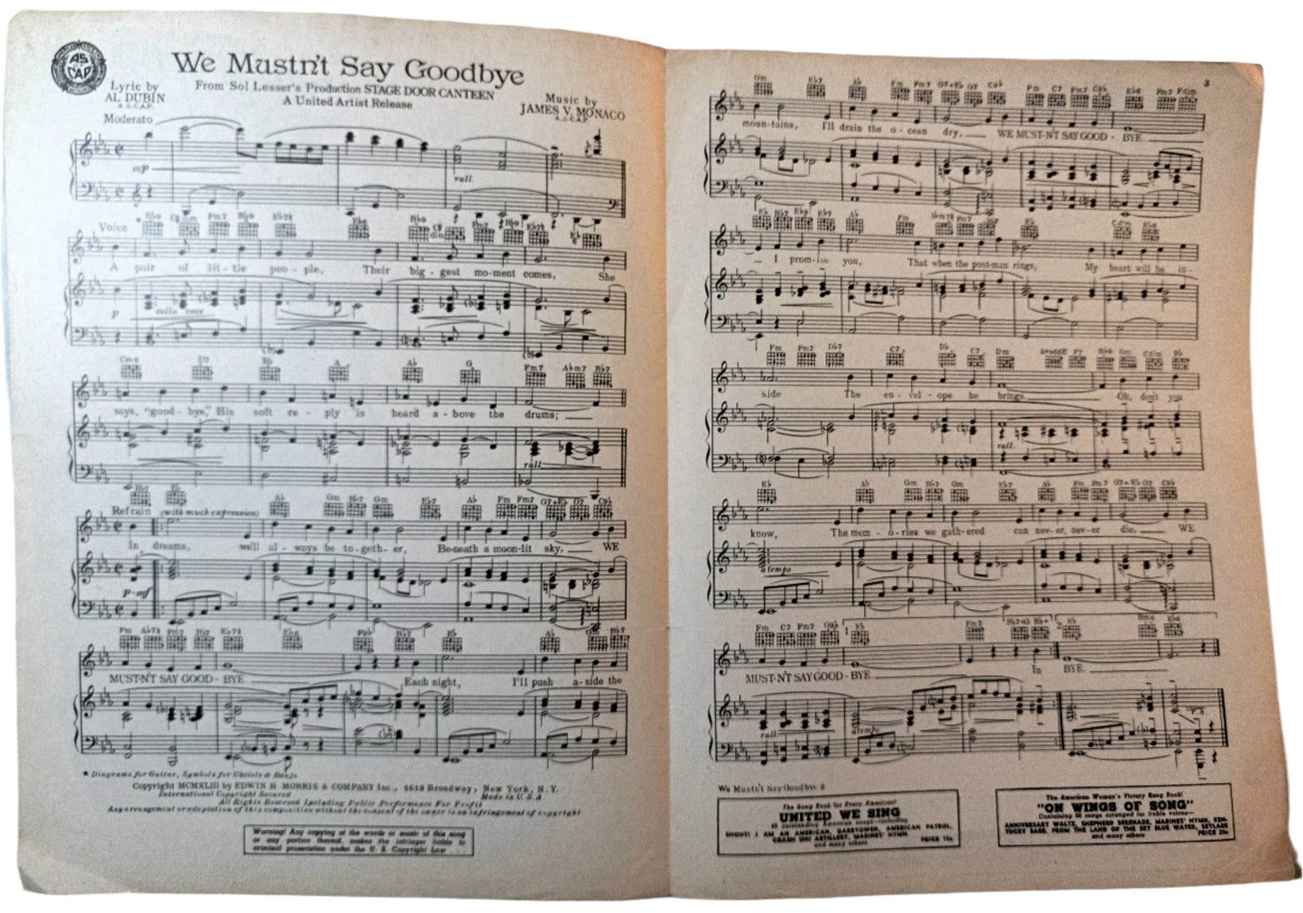 We Mustn't Say Goodbye Stage Door Canteen WW2 Sheet Music 1943 - TulipStuff