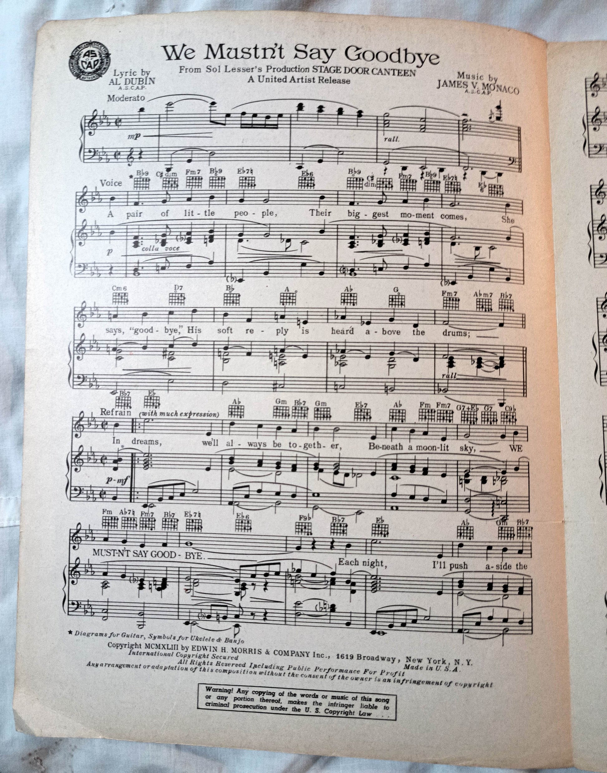 We Mustn't Say Goodbye Stage Door Canteen WW2 Sheet Music 1943 - TulipStuff