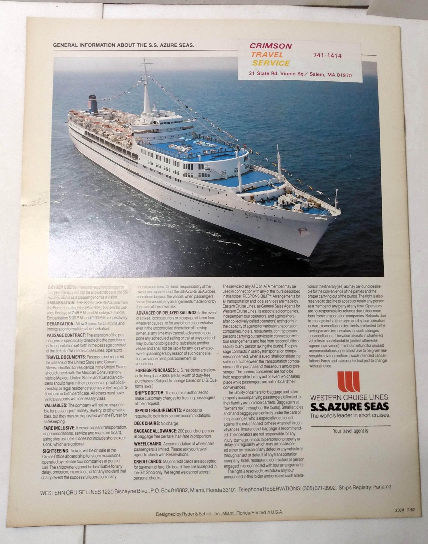 Western Cruise Lines ss Azure Seas 1983 LA Mexico Cruises Brochure