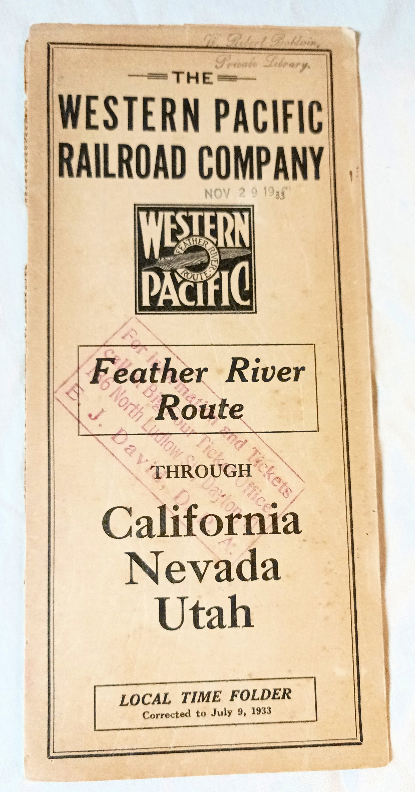 Western Pacific Railroad Feather River Route Timetable CA NV UT 1933 - TulipStuff