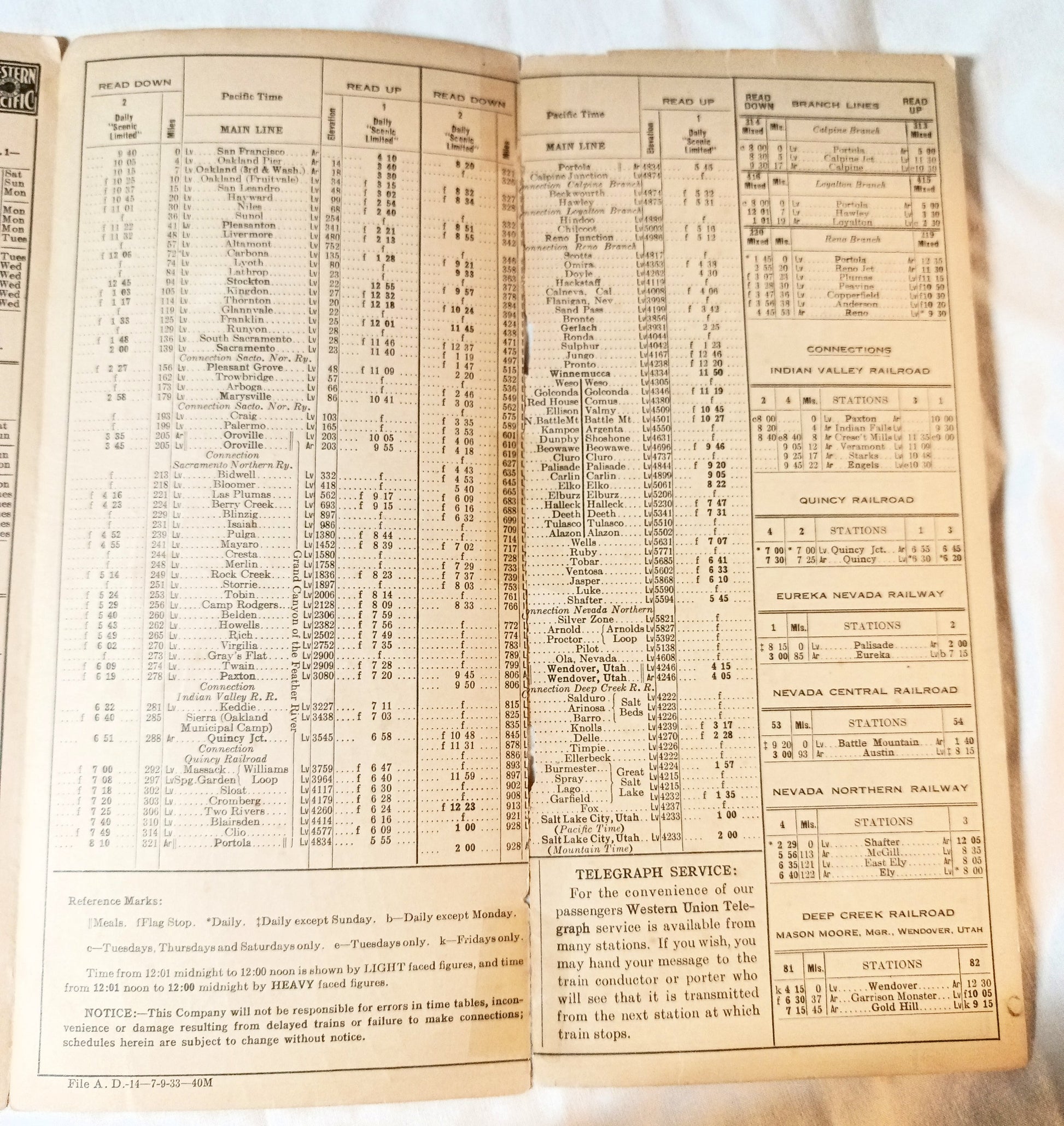Western Pacific Railroad Feather River Route Timetable CA NV UT 1933 - TulipStuff