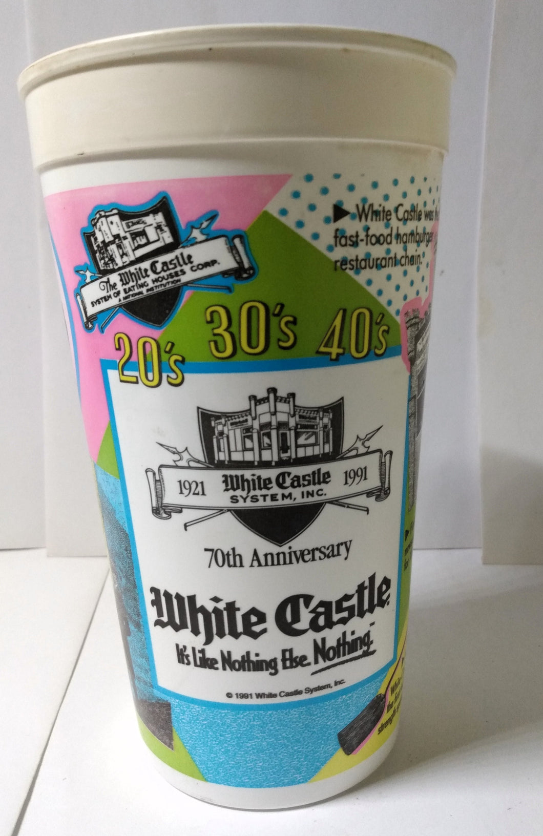 White Castle 70th Anniversary 20s 30s 40s 32 Oz Promo Plastic Cup 1991 - TulipStuff