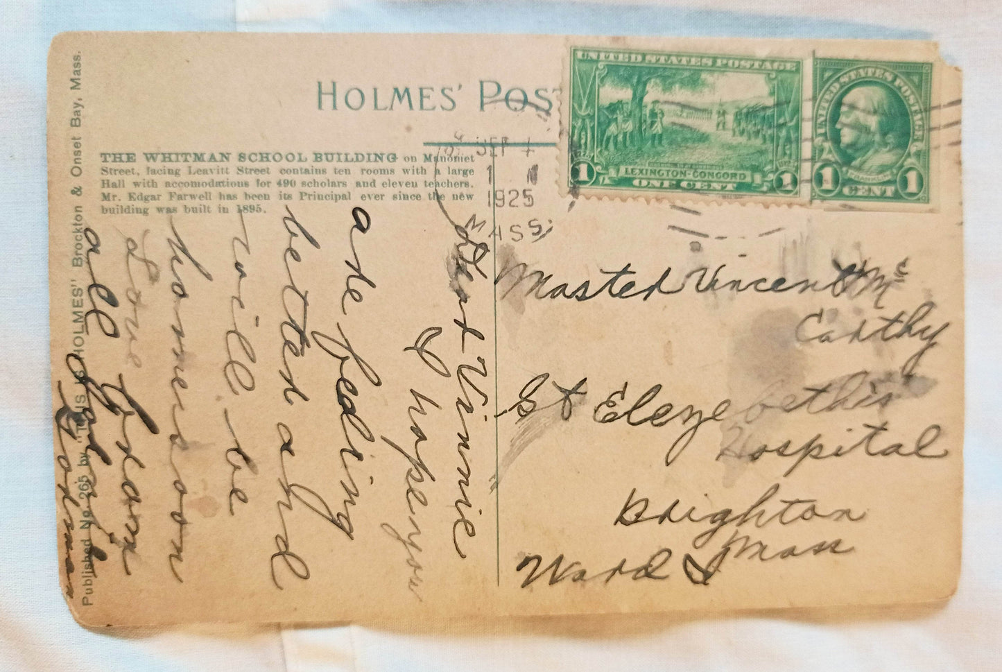 Whitman School Principal Brockton Postcard Lexington Concord 1c Stamp - TulipStuff