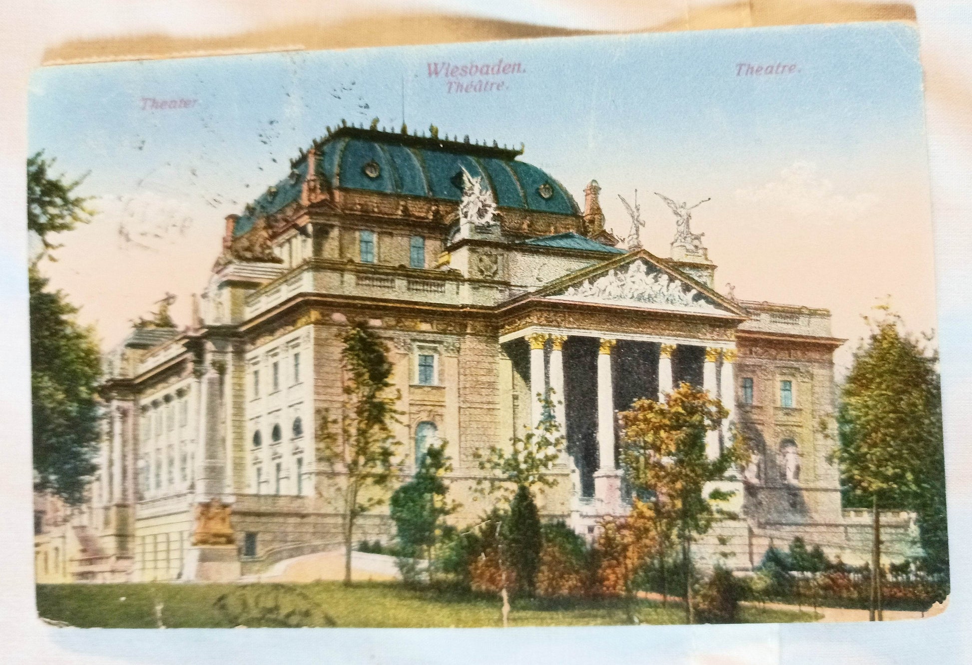 Wiesbaden Theatre Postcard Deutsche Reich Imperial Eagle Stamps 1926 - TulipStuff