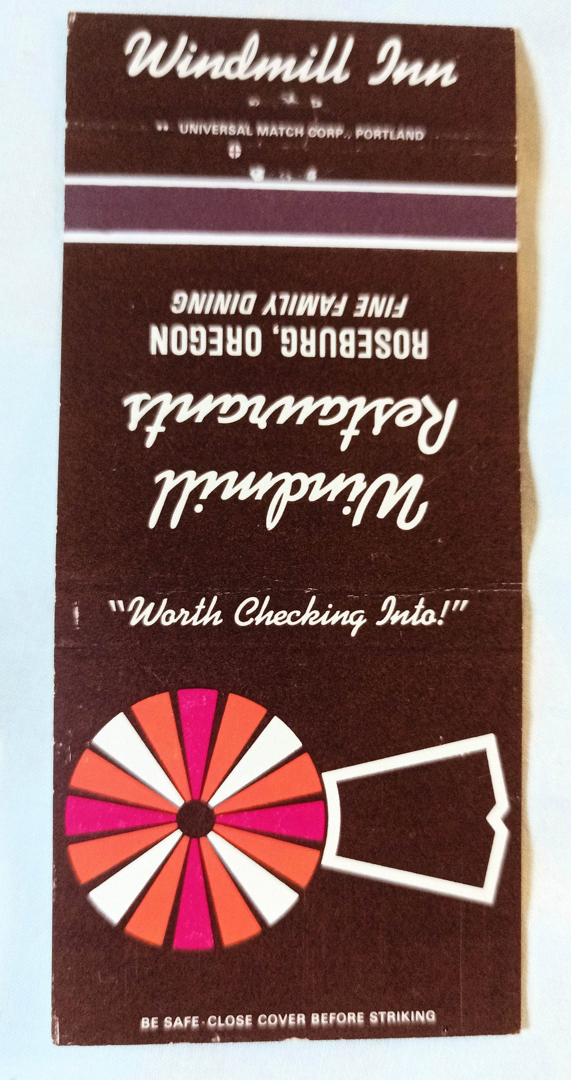Windmill Inn Restaurants Roseburg Oregon Matchbook Cover 1980's - TulipStuff