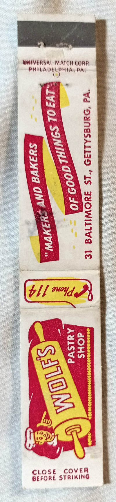 Wolf's Pastry Shop Baltimore St Gettysburg PA Matchbook Cover 1950's - TulipStuff