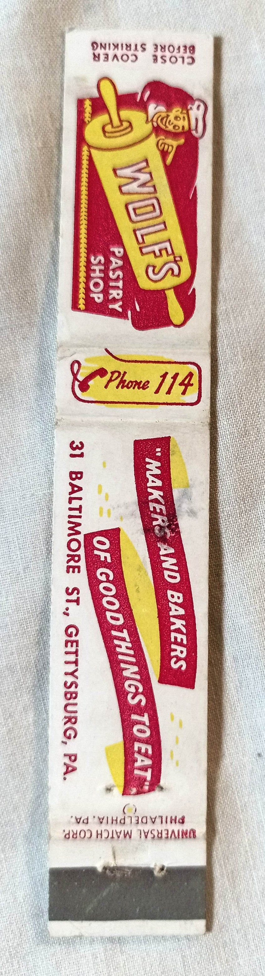 Wolf's Pastry Shop Baltimore St Gettysburg PA Matchbook Cover 1950's - TulipStuff
