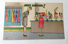 Load image into Gallery viewer, WW2 Military Humor Female Soldier Dress Shop Just Looking Postcard - TulipStuff

