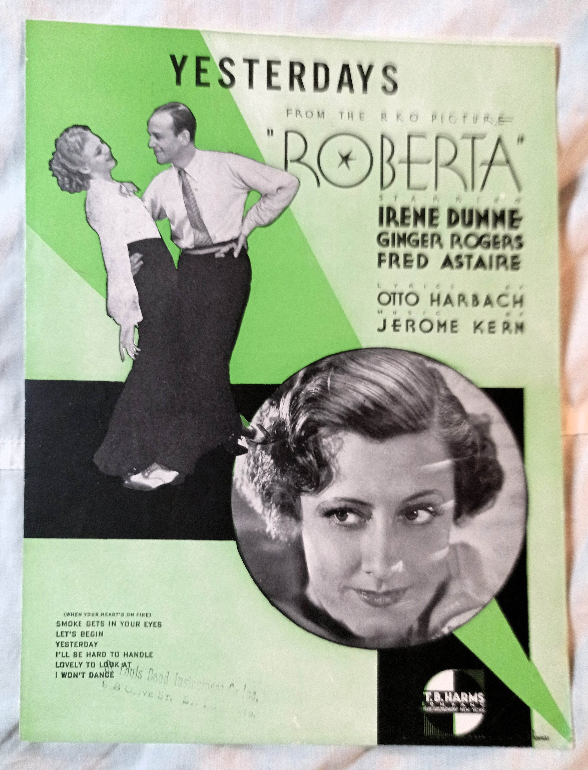Yesterdays Roberta 1935 Ginger Rogers Fred Astaire Irene Dunn Sheet Music - TulipStuff