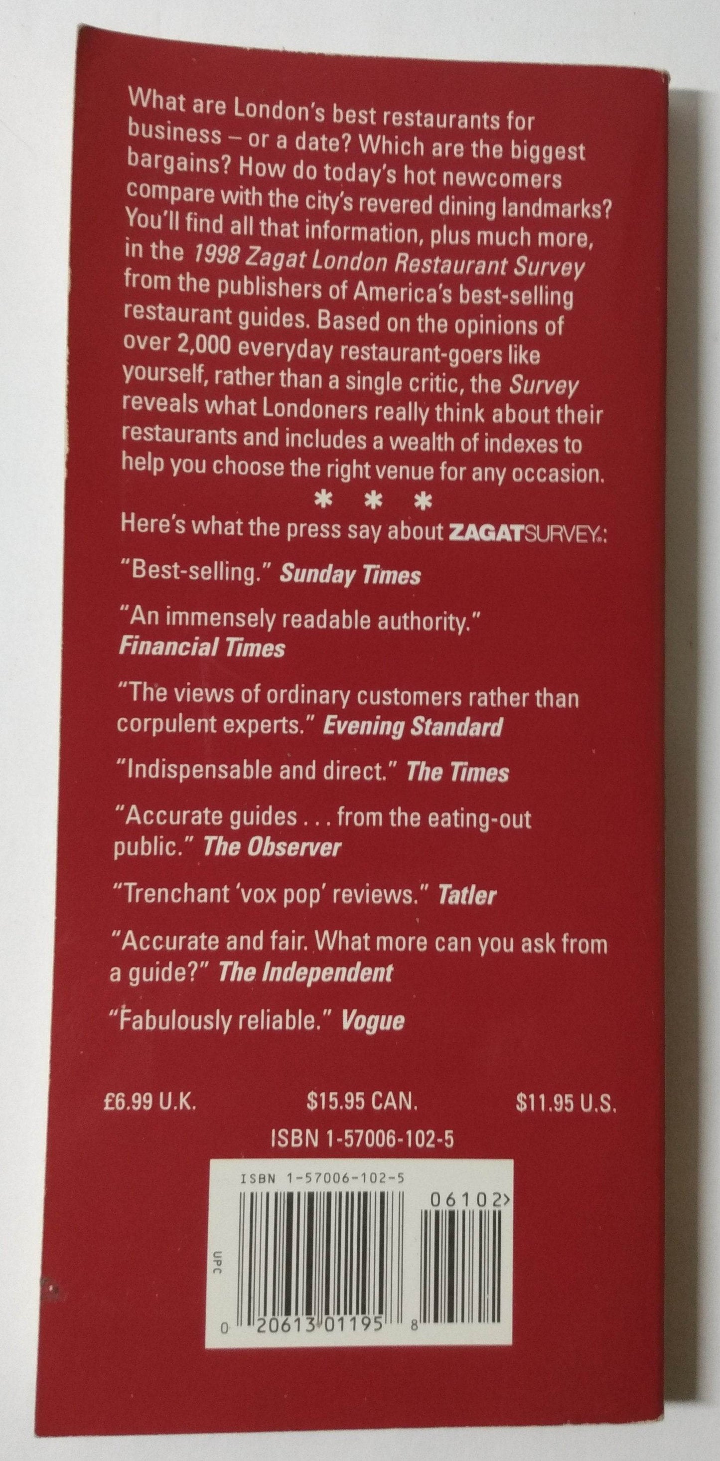 Zagat Survey London Restaurants 1998 UK - TulipStuff