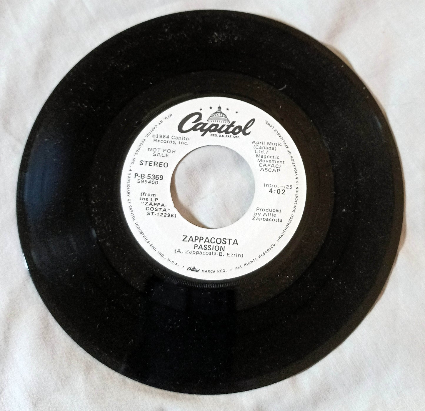 Zappacosta Passion Canadian Pop Rock 7" Vinyl Promo Capitol 1984 - TulipStuff