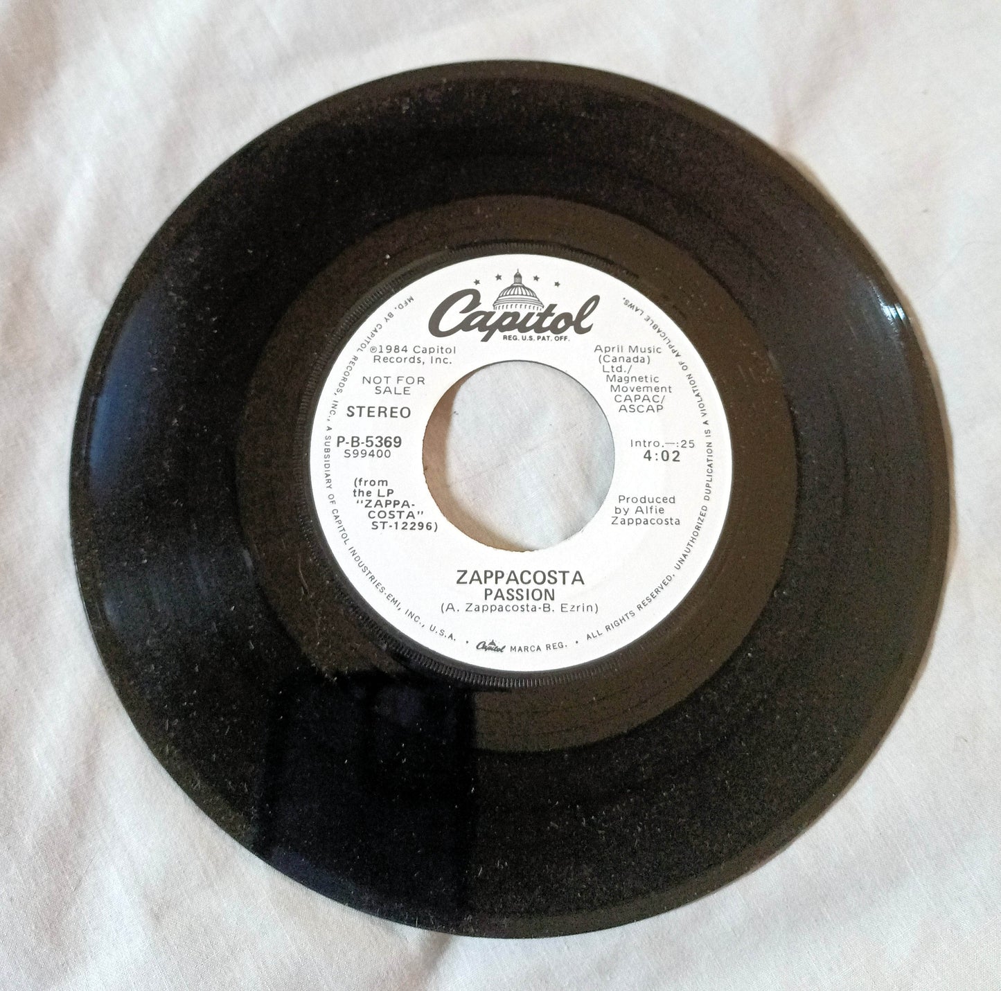 Zappacosta Passion Canadian Pop Rock 7" Vinyl Promo Capitol 1984 - TulipStuff