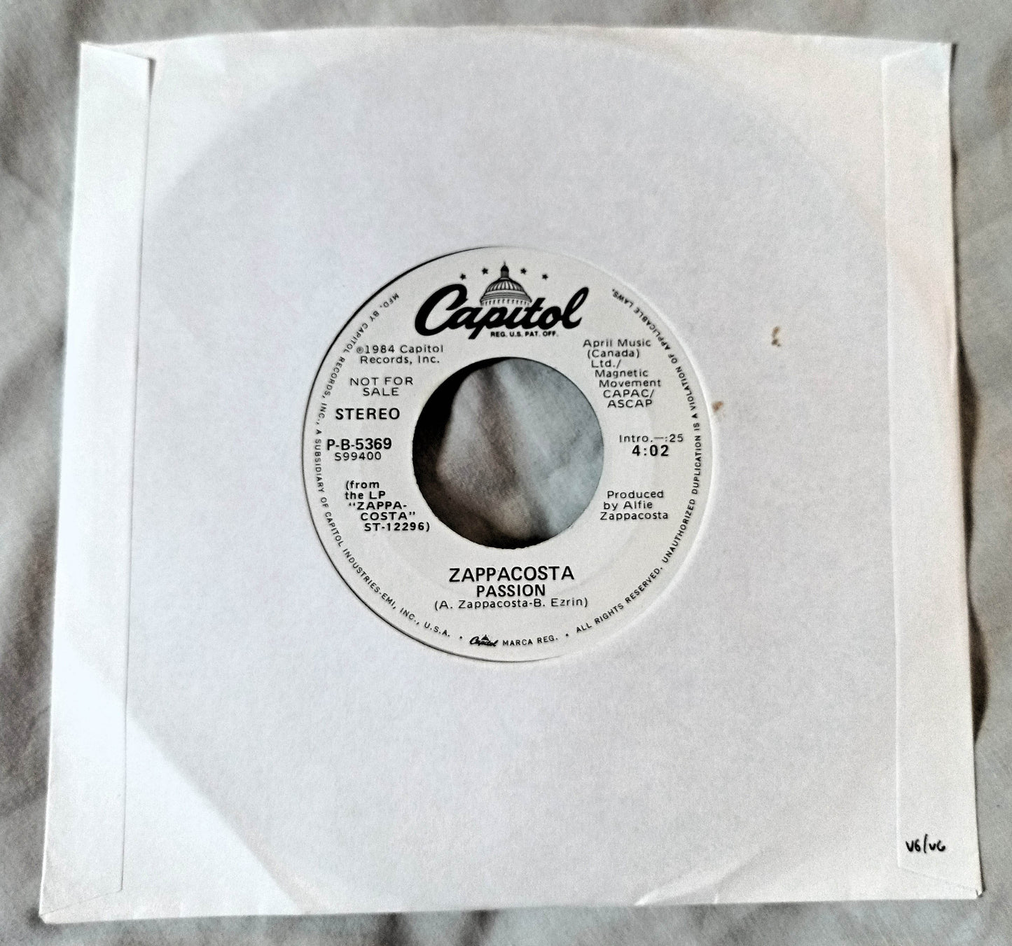 Zappacosta Passion Canadian Pop Rock 7" Vinyl Promo Capitol 1984 - TulipStuff