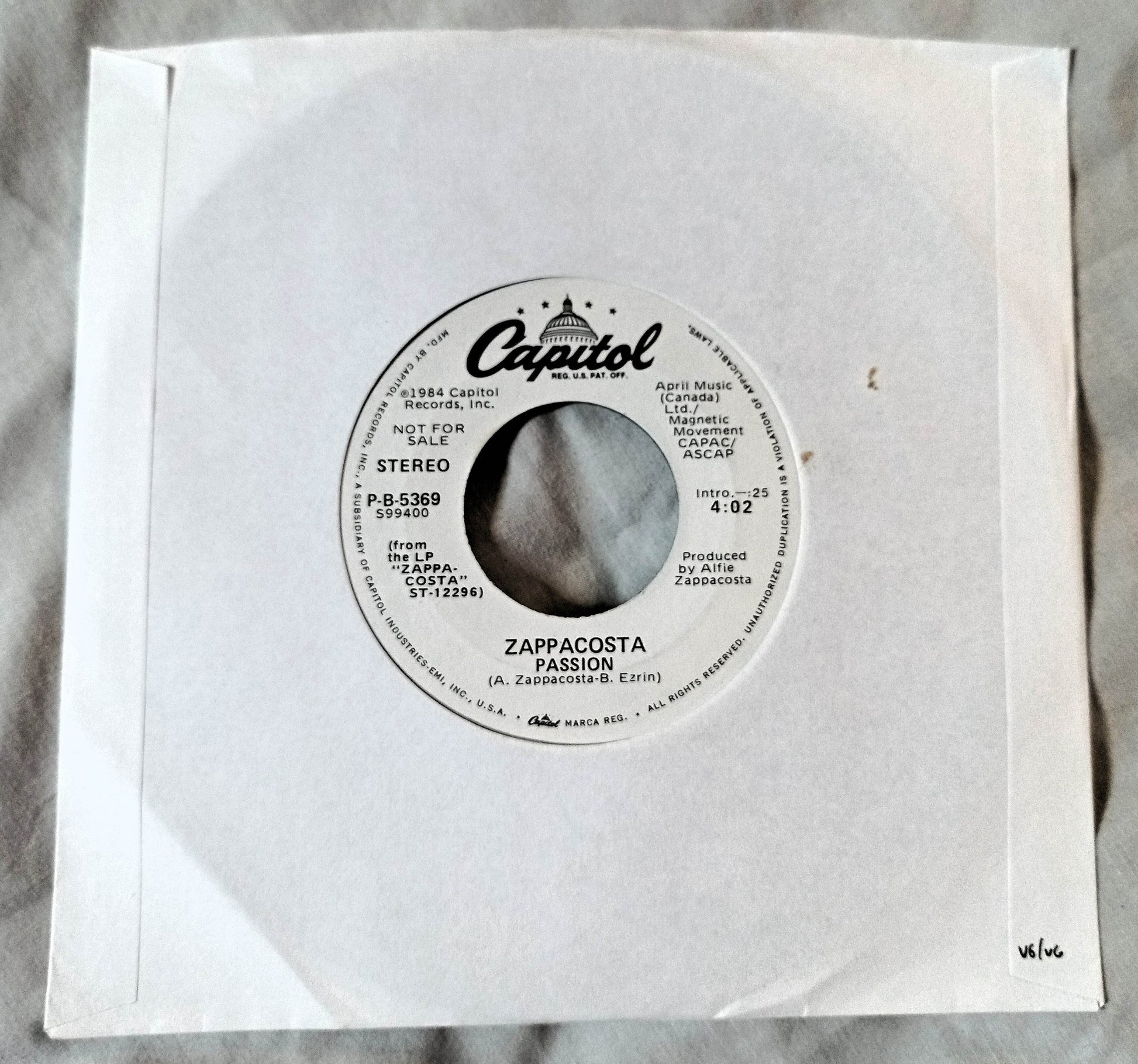 Zappacosta Passion Canadian Pop Rock 7" Vinyl Promo Capitol 1984 - TulipStuff