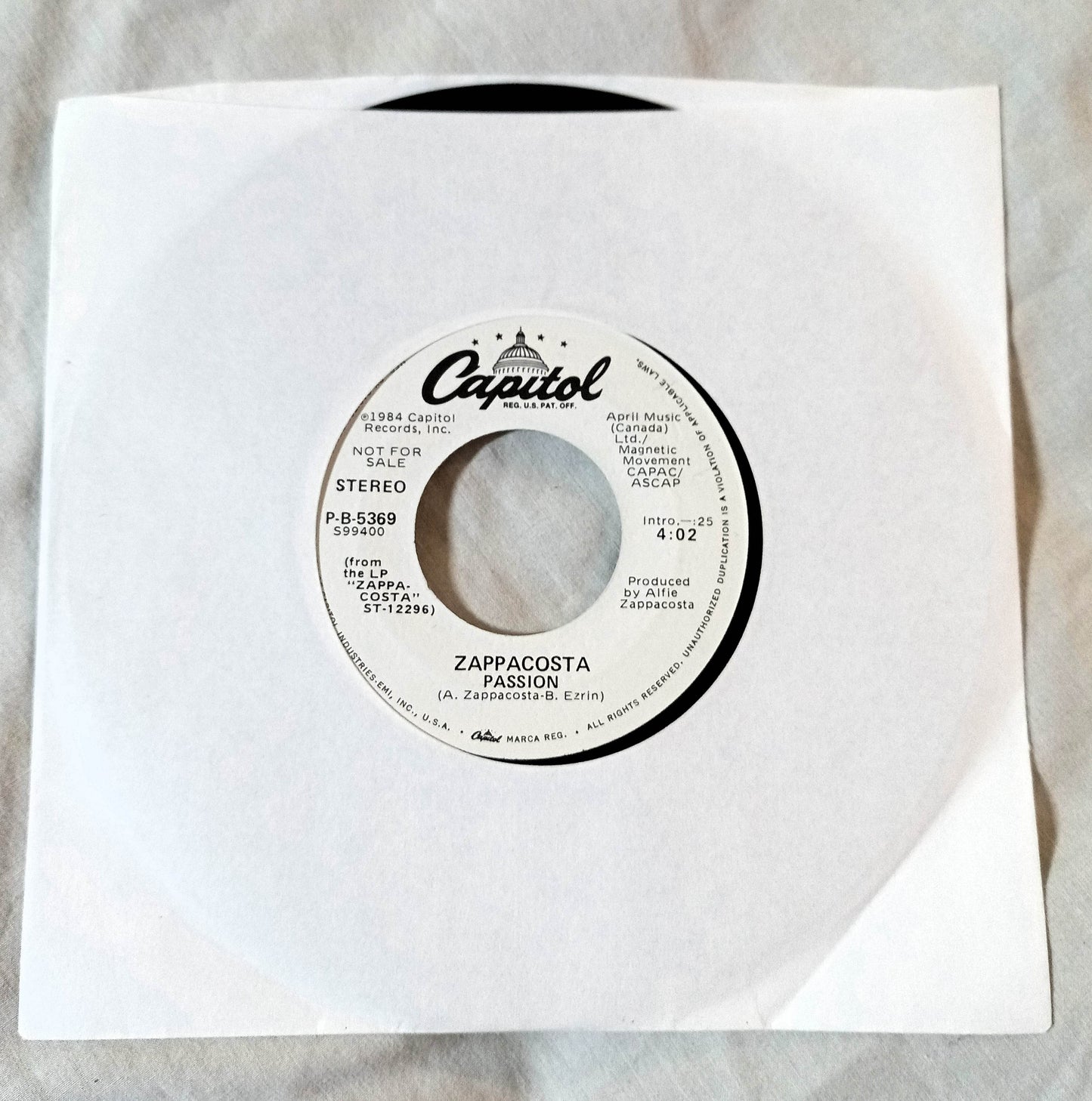 Zappacosta Passion Canadian Pop Rock 7" Vinyl Promo Capitol 1984 - TulipStuff