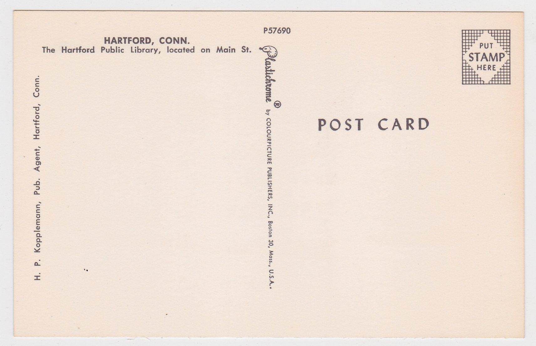 Hartford Public Library Main Street Connecticut 1950's Postcard - TulipStuff