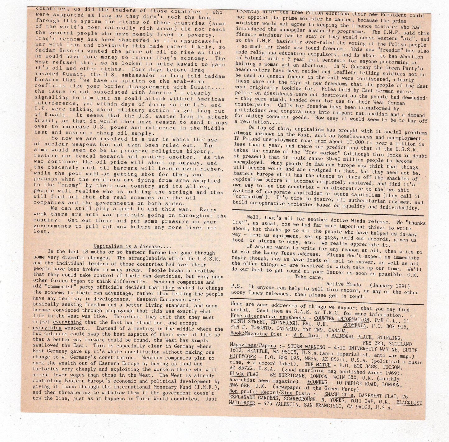 Active Minds Capitalism Is A Disease 7" EP Vinyl Record UK Punk 1991 - TulipStuff