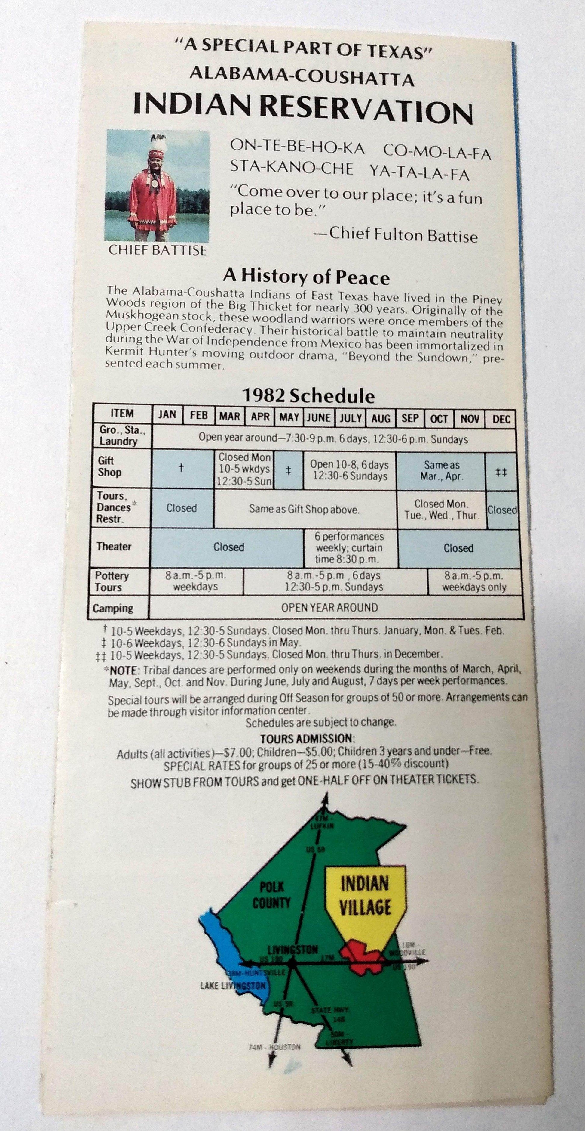 Alabama-Coushatta Indian Reservation Livingston Texas 1982 Brochure - TulipStuff