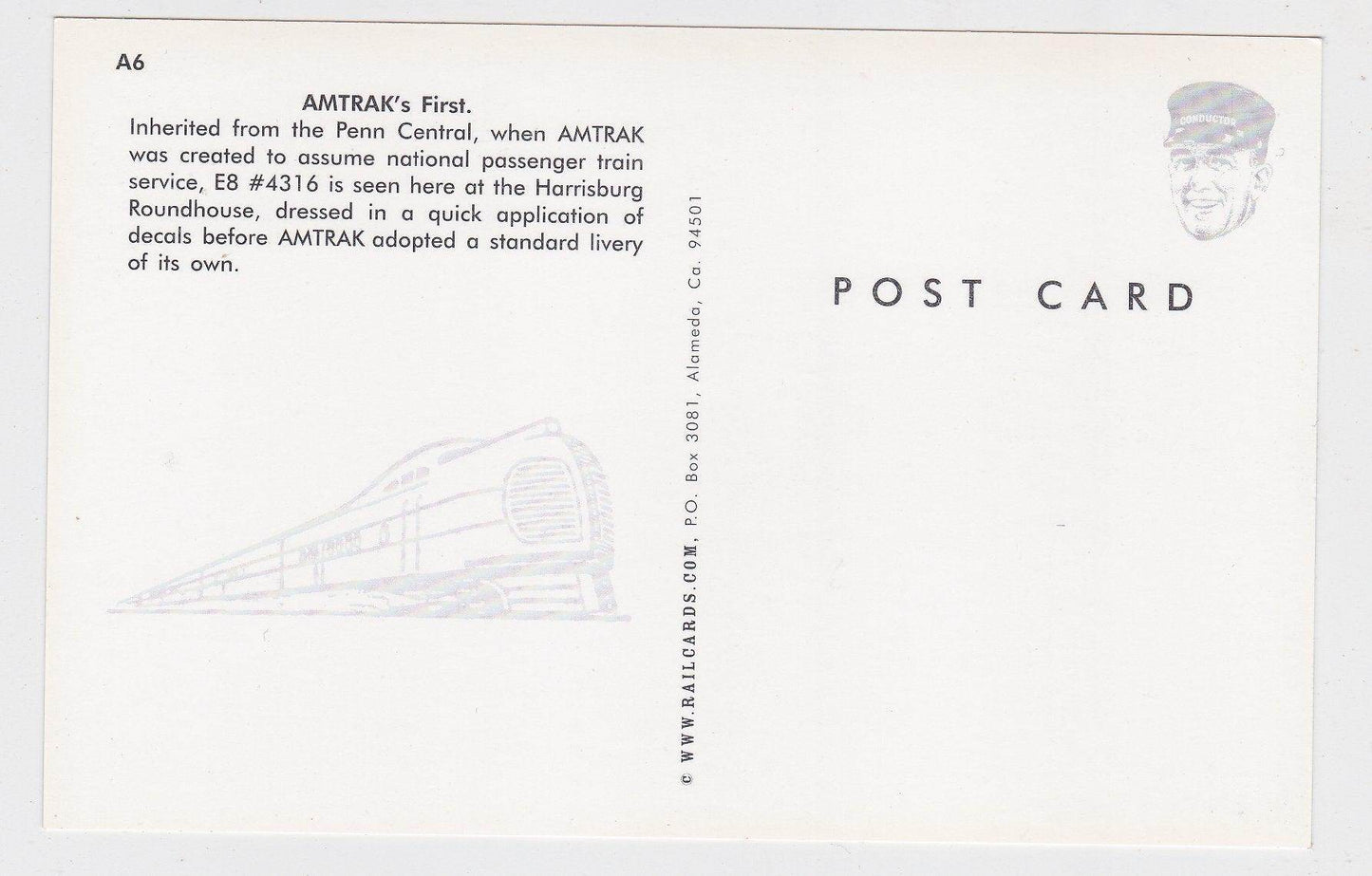 Amtrak First Locomotive EMD E8 Inherited Fom Penn Central Postcard - TulipStuff
