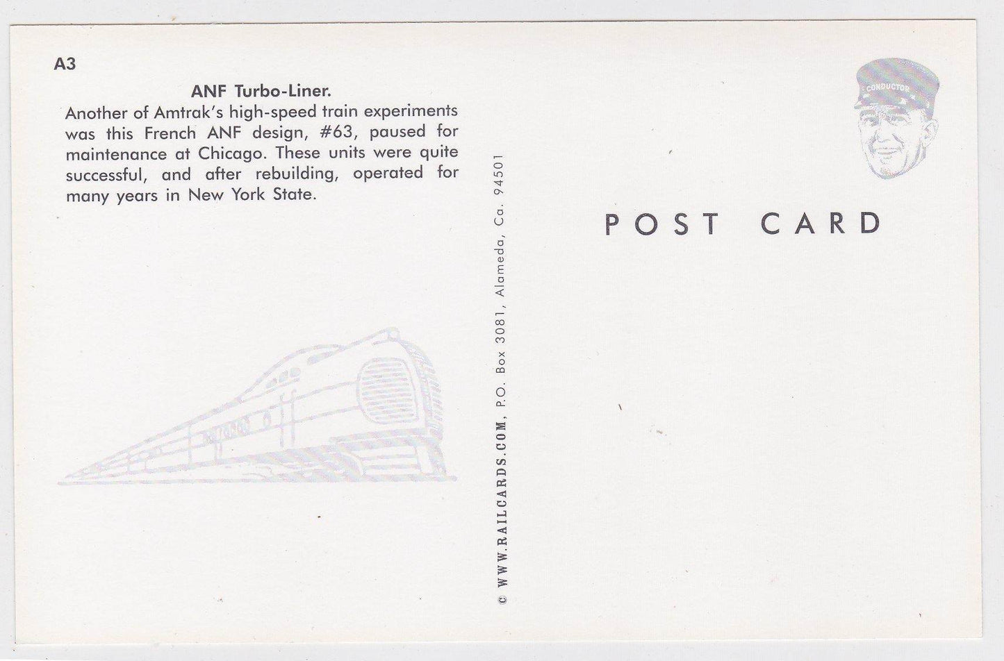 Amtrak ANF Turbo Liner Passenger Train Postcard - TulipStuff