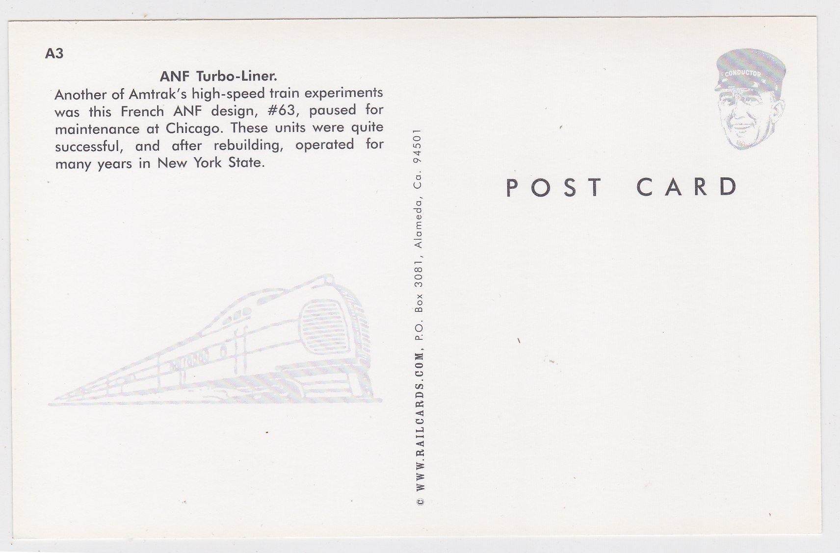 Amtrak ANF Turbo Liner Passenger Train Postcard - TulipStuff