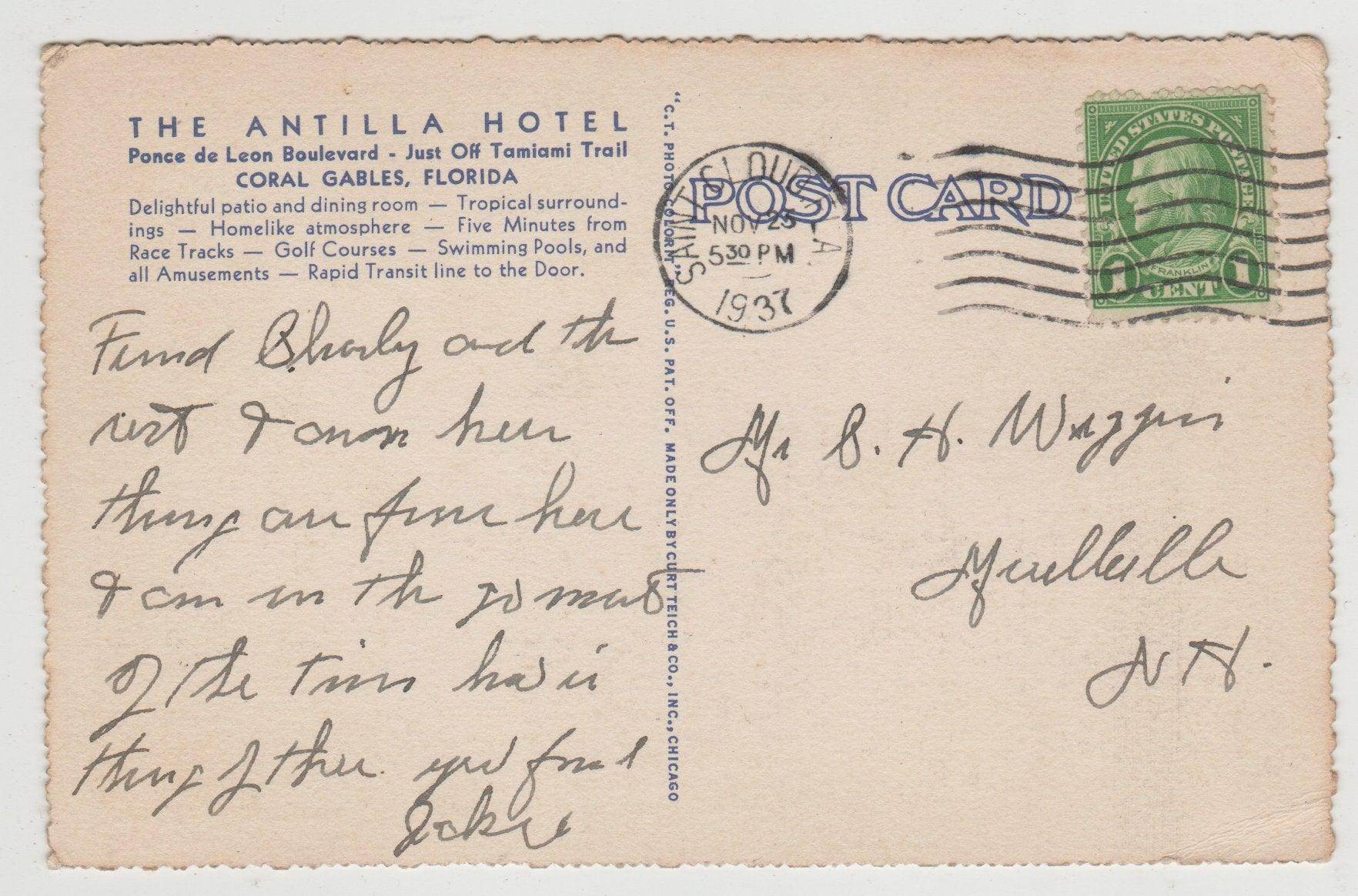 Antilla Hotel Coral Gables Pnce de Leon Blvd Florida 1937 Postcard - TulipStuff