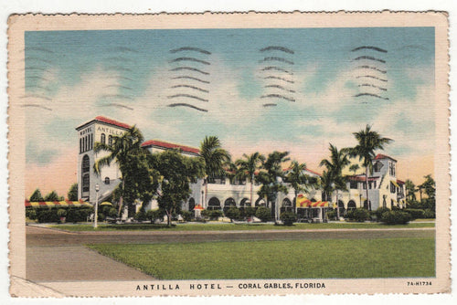 Antilla Hotel Coral Gables Pnce de Leon Blvd Florida 1937 Postcard - TulipStuff