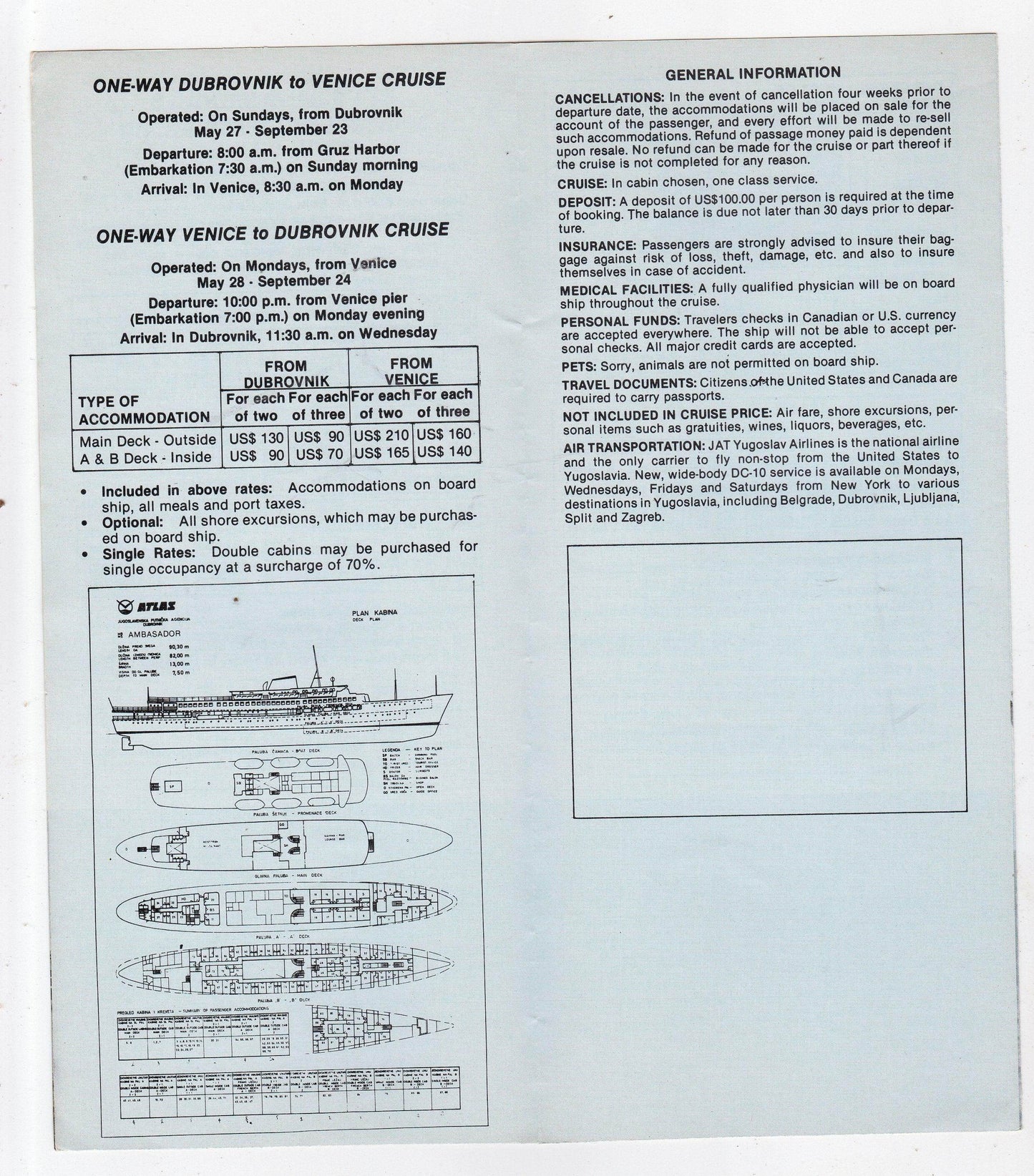 Atlas Jugoslavenska m/s Ambasador Yugoslavia Adriatic Cruises brochure 1979 - TulipStuff