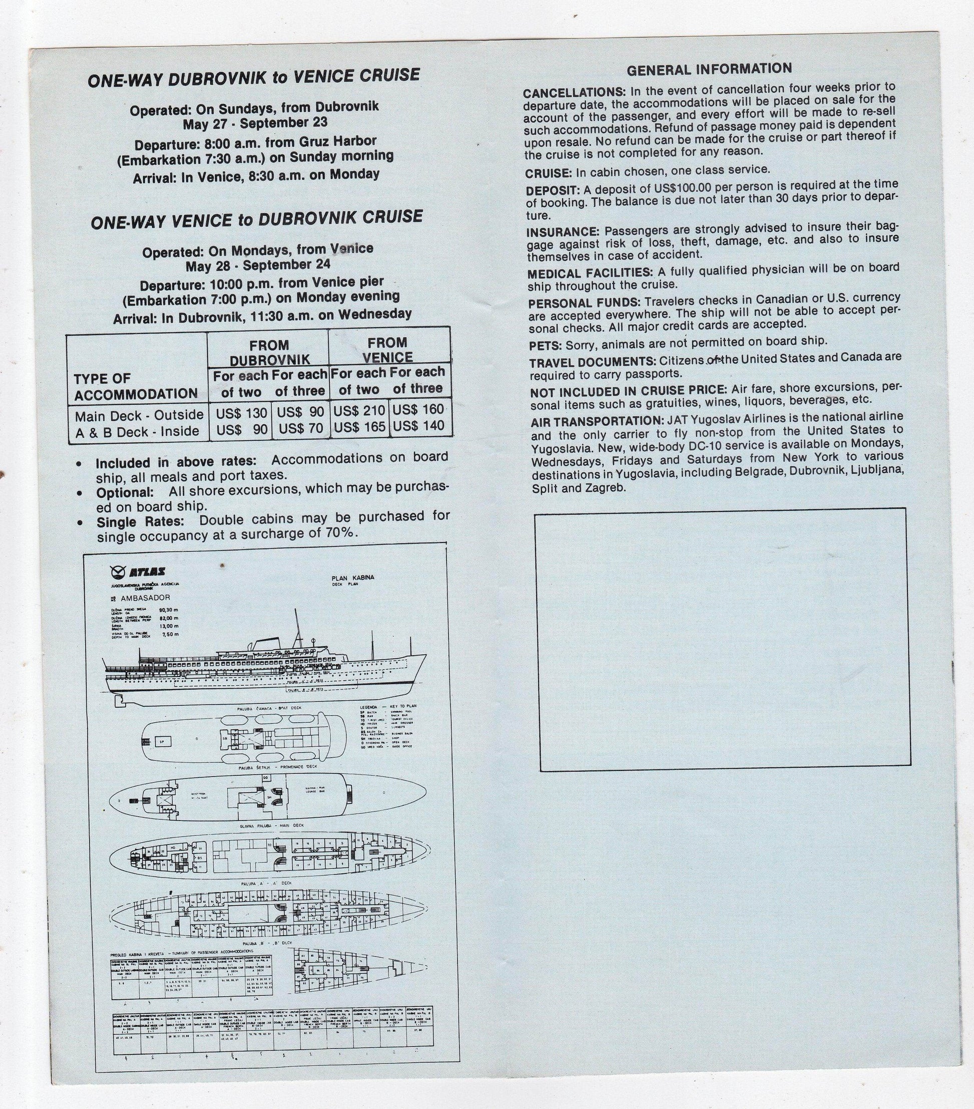 Atlas Jugoslavenska m/s Ambasador Yugoslavia Adriatic Cruises brochure 1979 - TulipStuff