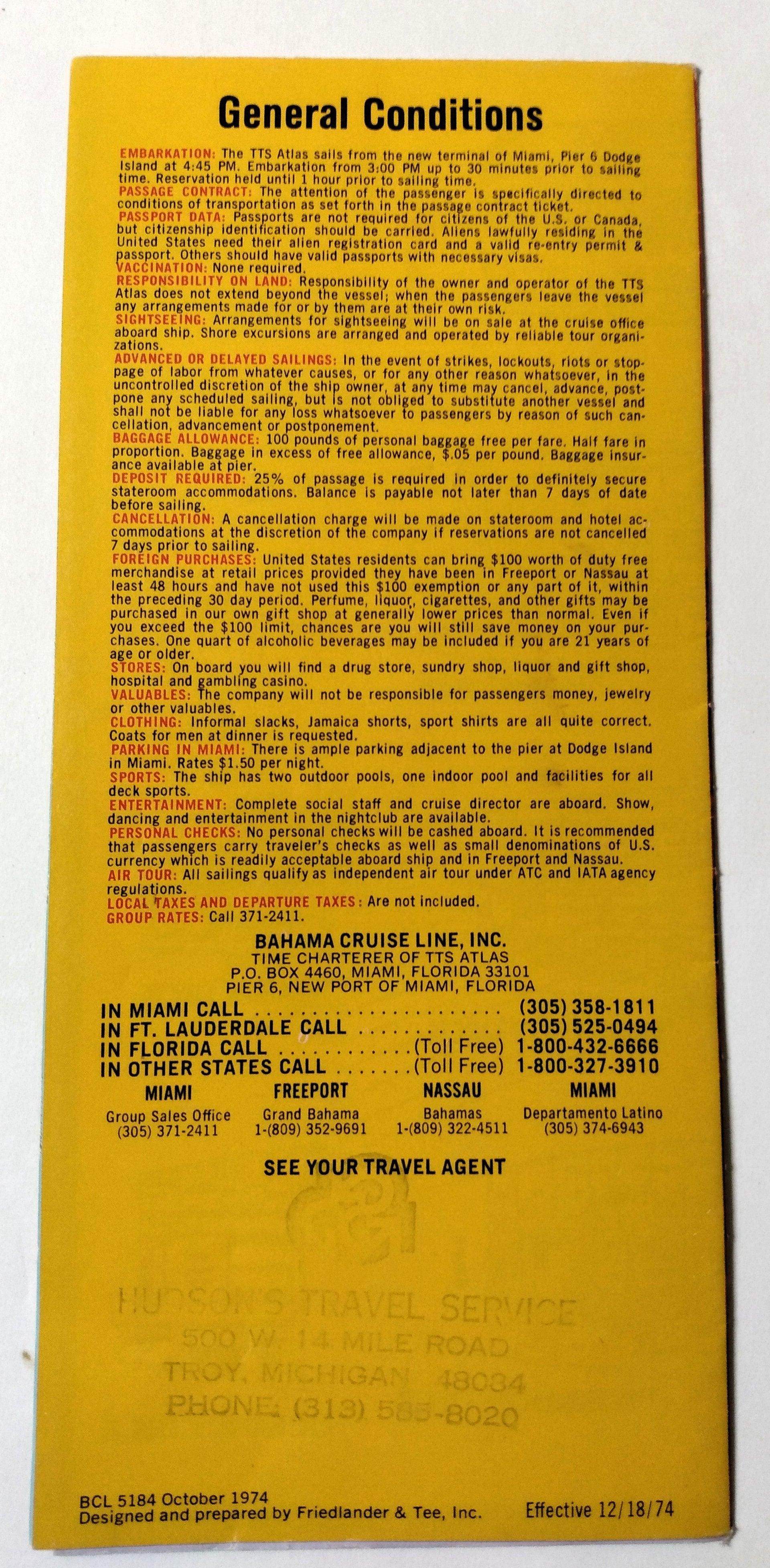 Bahama Cruise Line TTS Atlas 1974-75 Nassau Freeport Cruises Epirotiki - TulipStuff