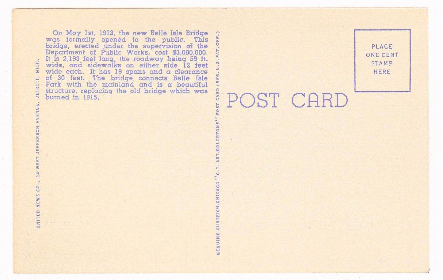 Belle Isle Bridge Detroit Michigan View From Island 1940's Linen Postcard - TulipStuff