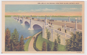 Belle Isle Bridge Detroit Michigan View From Island 1940's Linen Postcard - TulipStuff