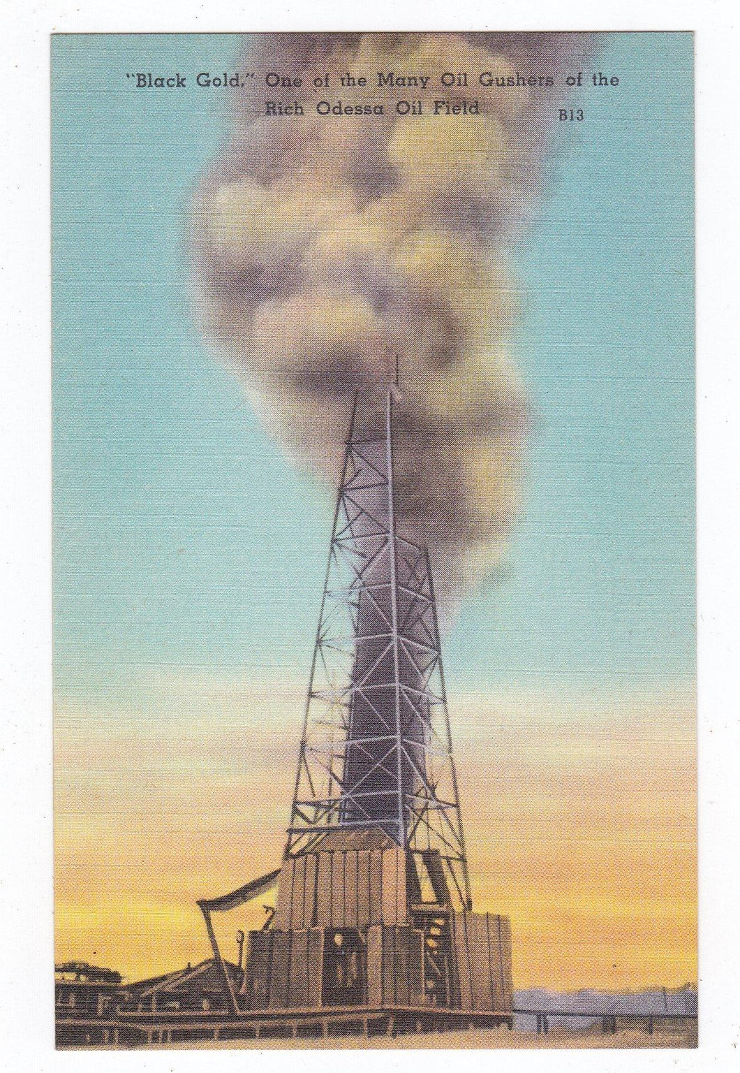 Black Gold Oil Gusher Oil Fields Odessa Texas Linen Postcard 1940's - TulipStuff