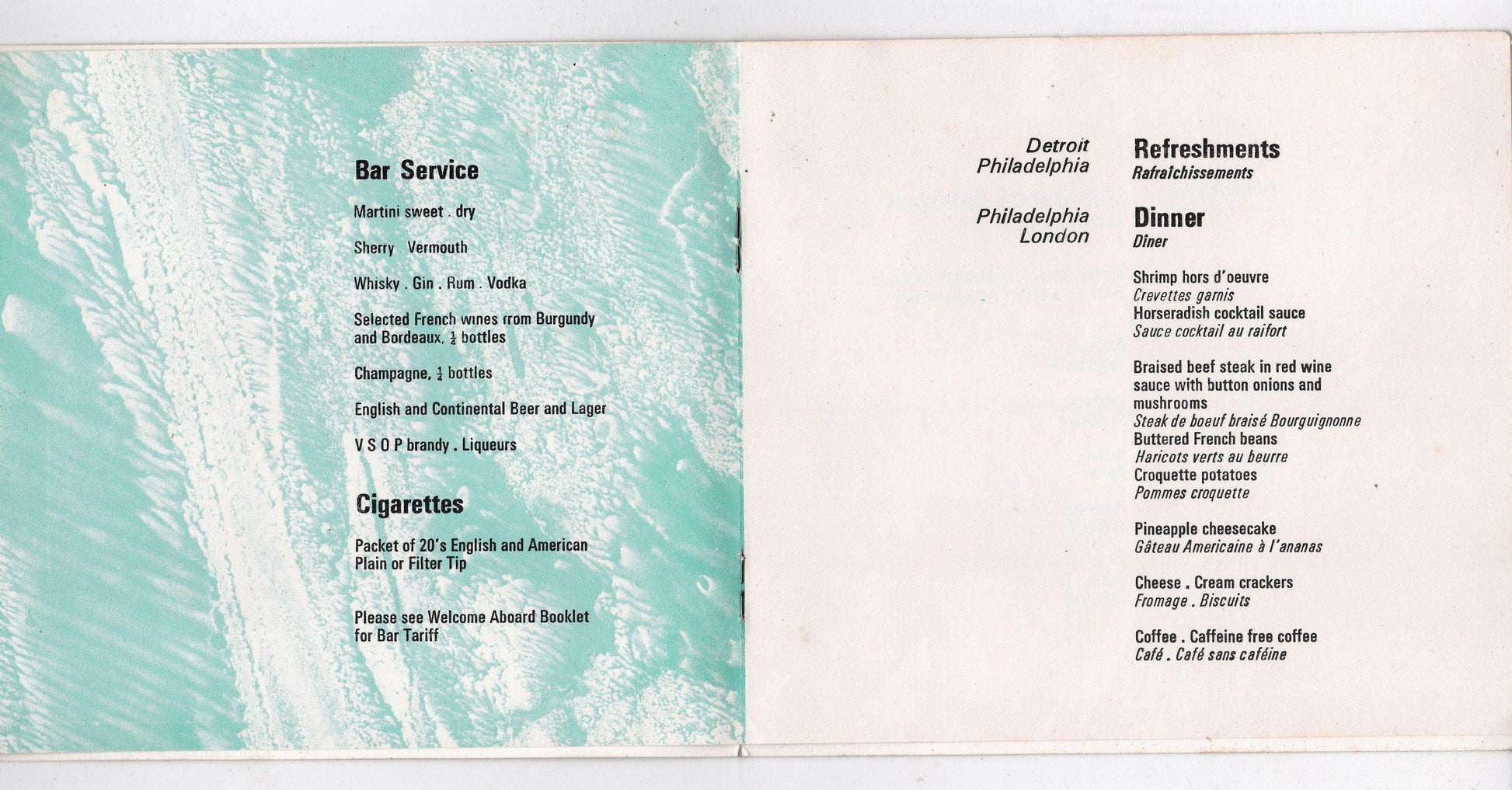 BOAC Inflight Dinner Menu Early 1970's Detroit Philadelphia London - TulipStuff