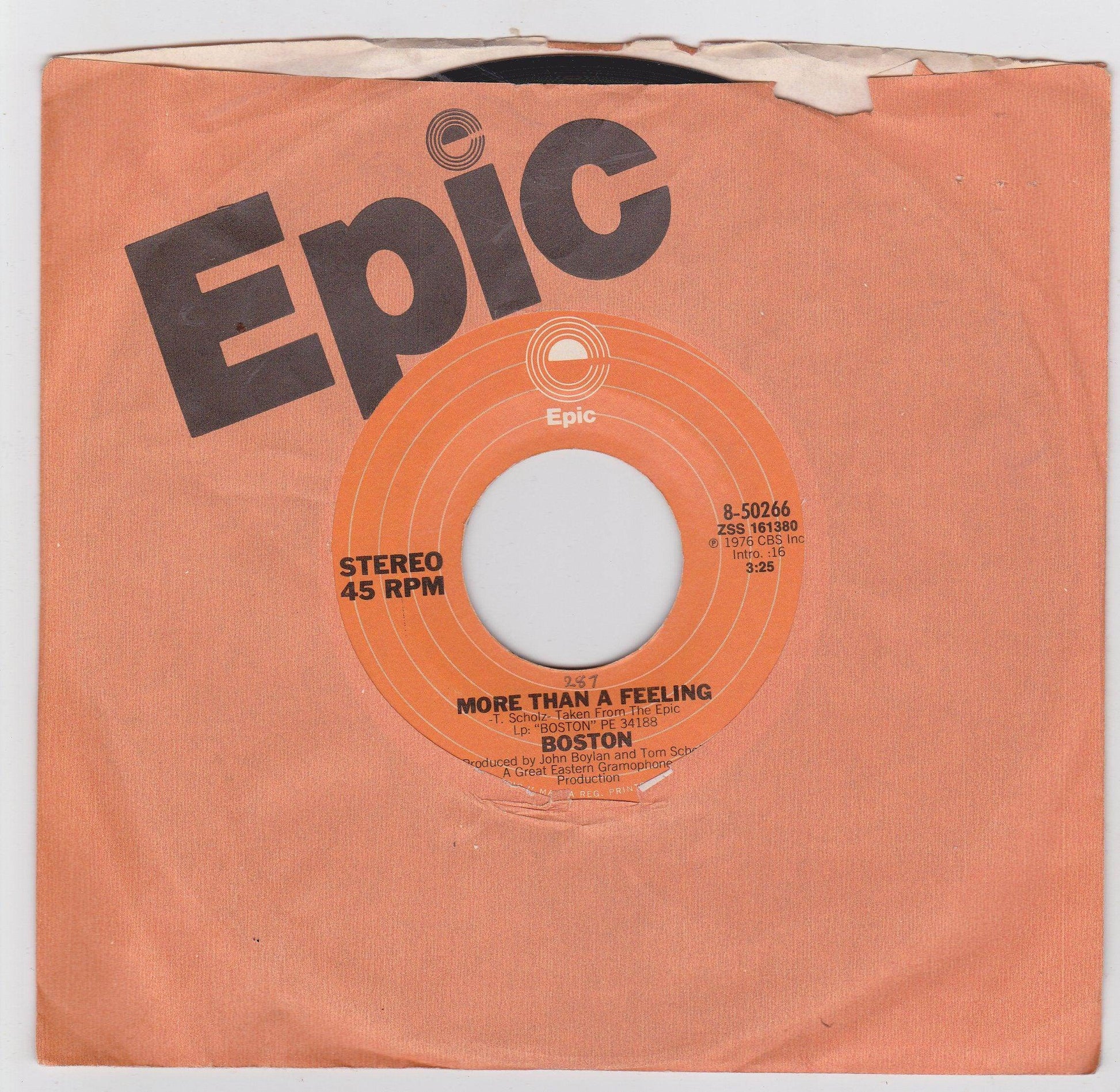 Boston More Than A Feeling 7" 45RPM Classic Rock Epic 8-50266 1976 - TulipStuff