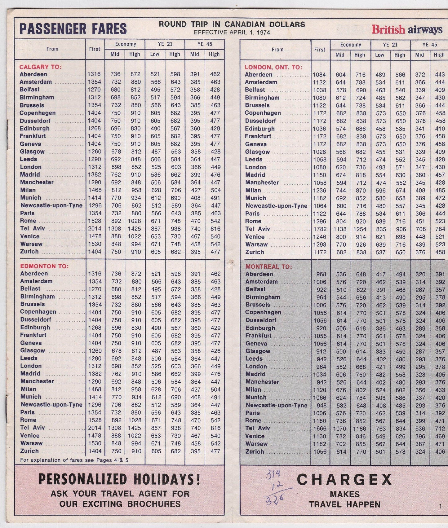 British Airways 1974 Canada Europe Fares Guide and Travel Planner - TulipStuff
